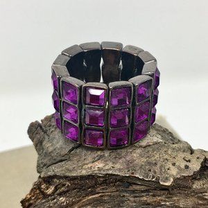 Expandable Purple Faceted Acrylic Tiny Square Pewter Tone Bar Wide Stretch Ring